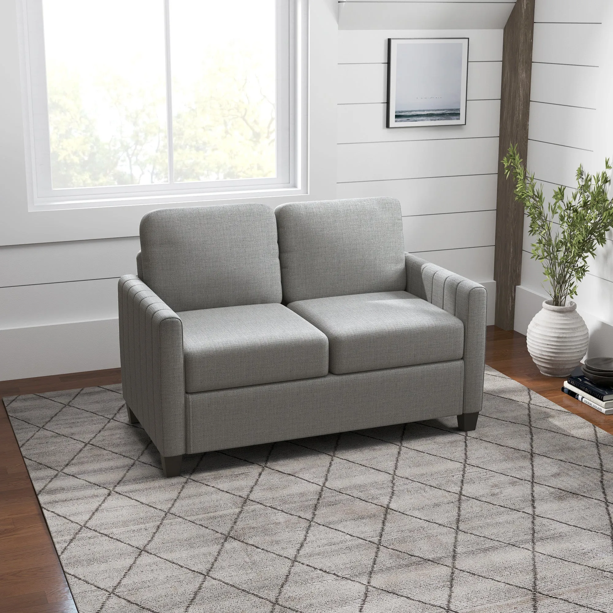 2 Seater Sofa, Channel Tufted Modern Fabric Couch, Upholstered Loveseat with Spring Cushion, Back Pillow, for Small Space, Living Room, Bedroom, Office, Light Grey