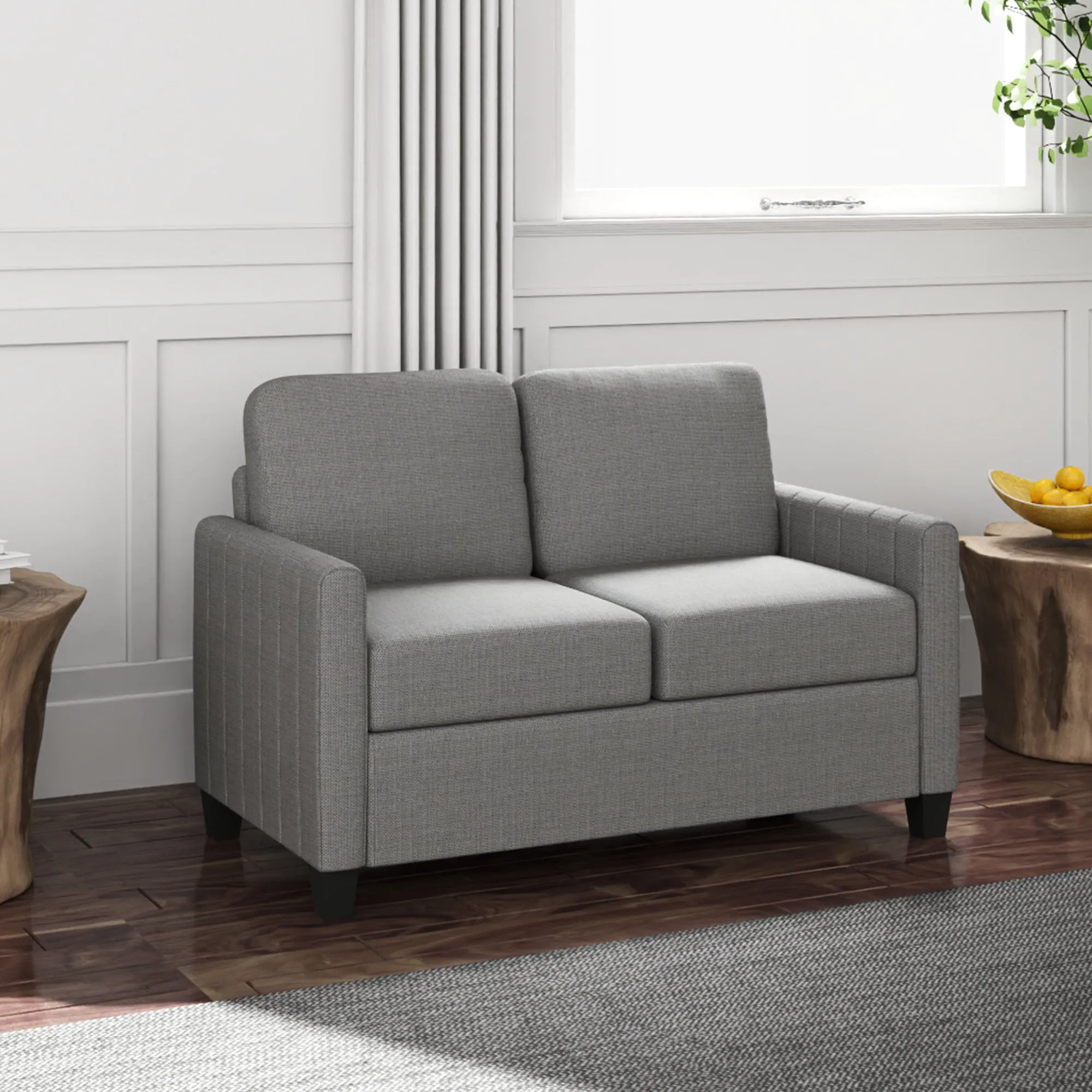 2 Seater Sofa, Channel Tufted Modern Fabric Couch, Upholstered Loveseat with Spring Cushion, Back Pillow, for Small Space, Living Room, Bedroom, Office, Light Grey
