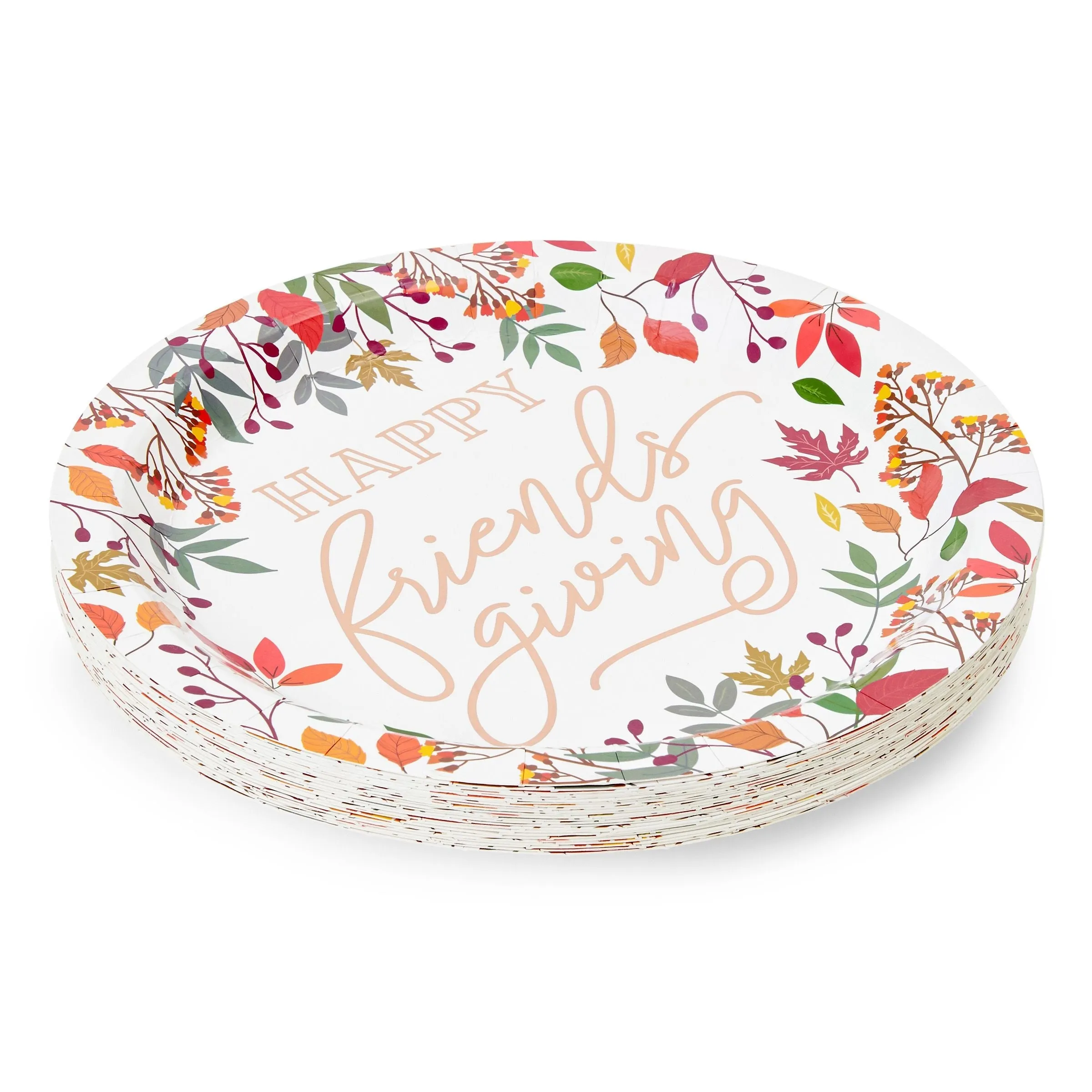 24 Pack Large Friendsgiving Paper Plates with Fall Leaves, Rose Gold Foil (10 In)