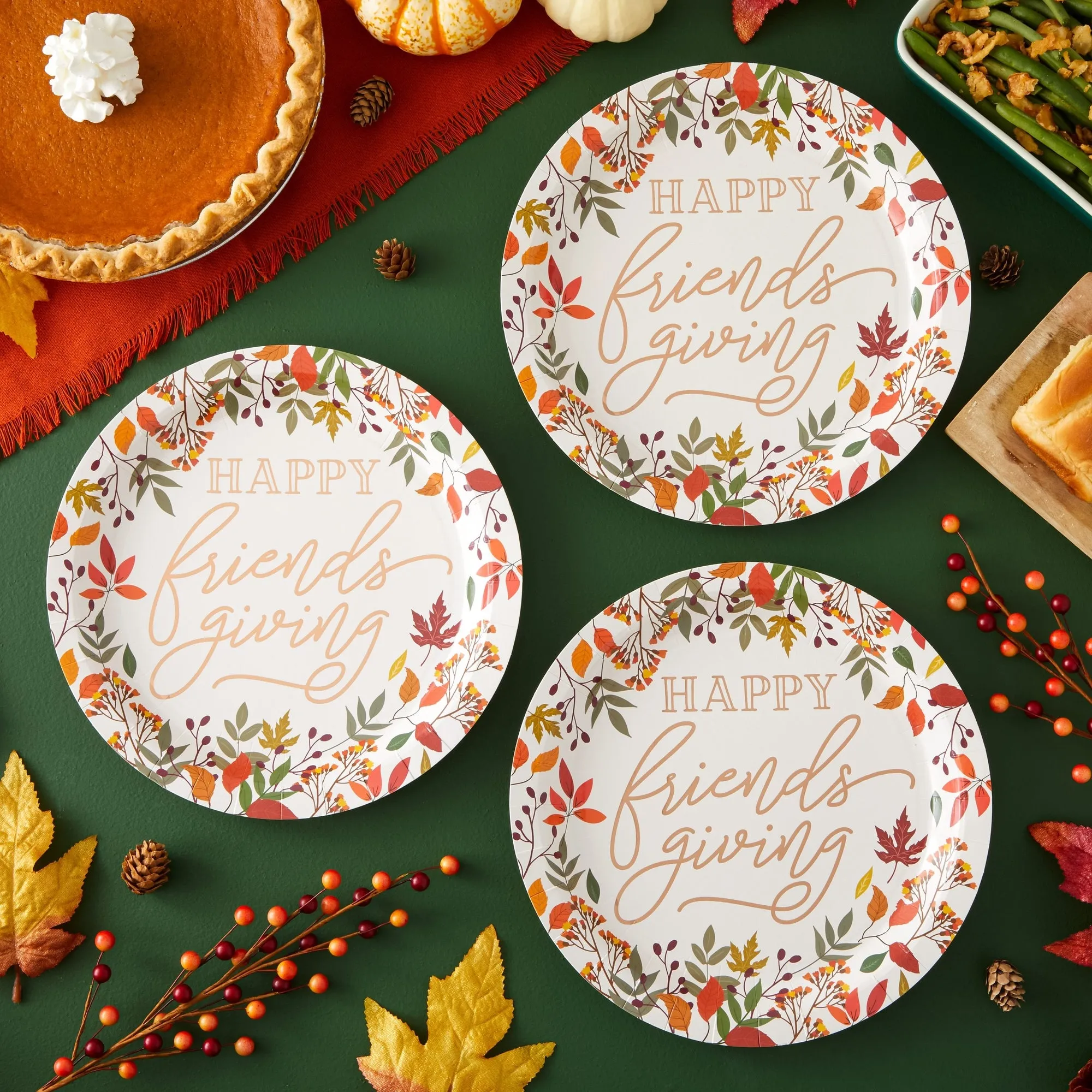 24 Pack Large Friendsgiving Paper Plates with Fall Leaves, Rose Gold Foil (10 In)