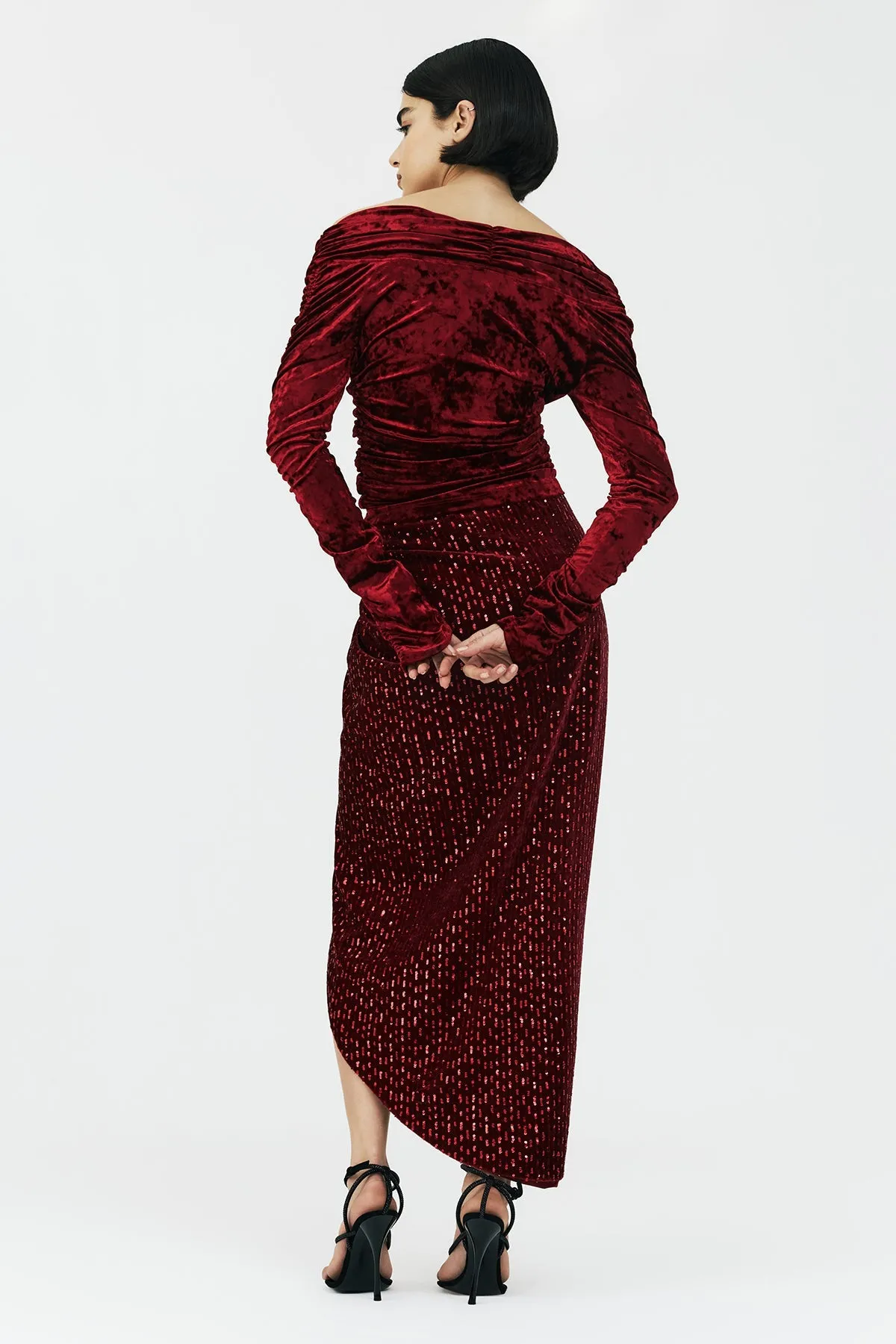 Barragan Deep Slit High Low Burgundy Skirt