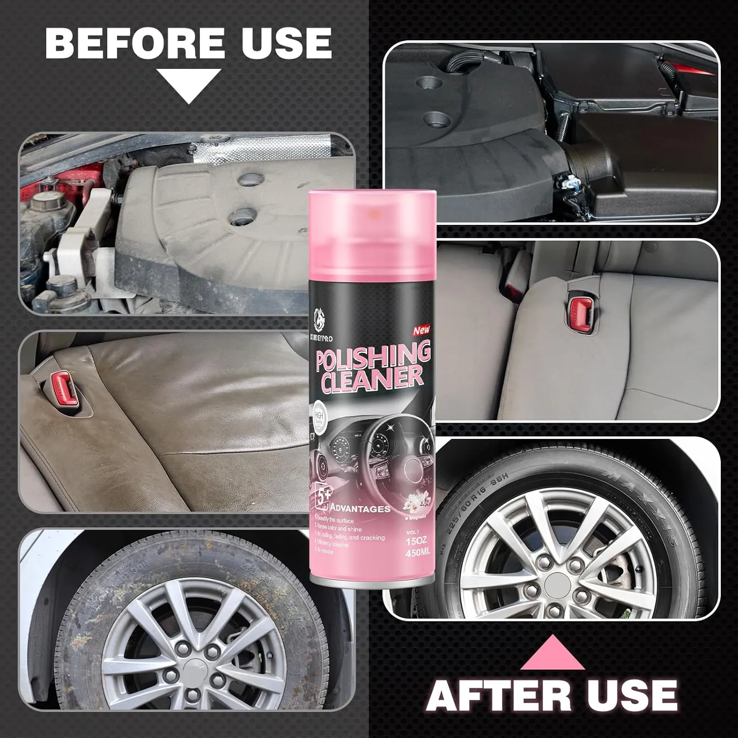 Car Interior Cleaner, Polishing Cleaner Detailer Spray for Vehicle Detailing, 450ml Aerosol 15 fl oz with Iron Can (3sets)