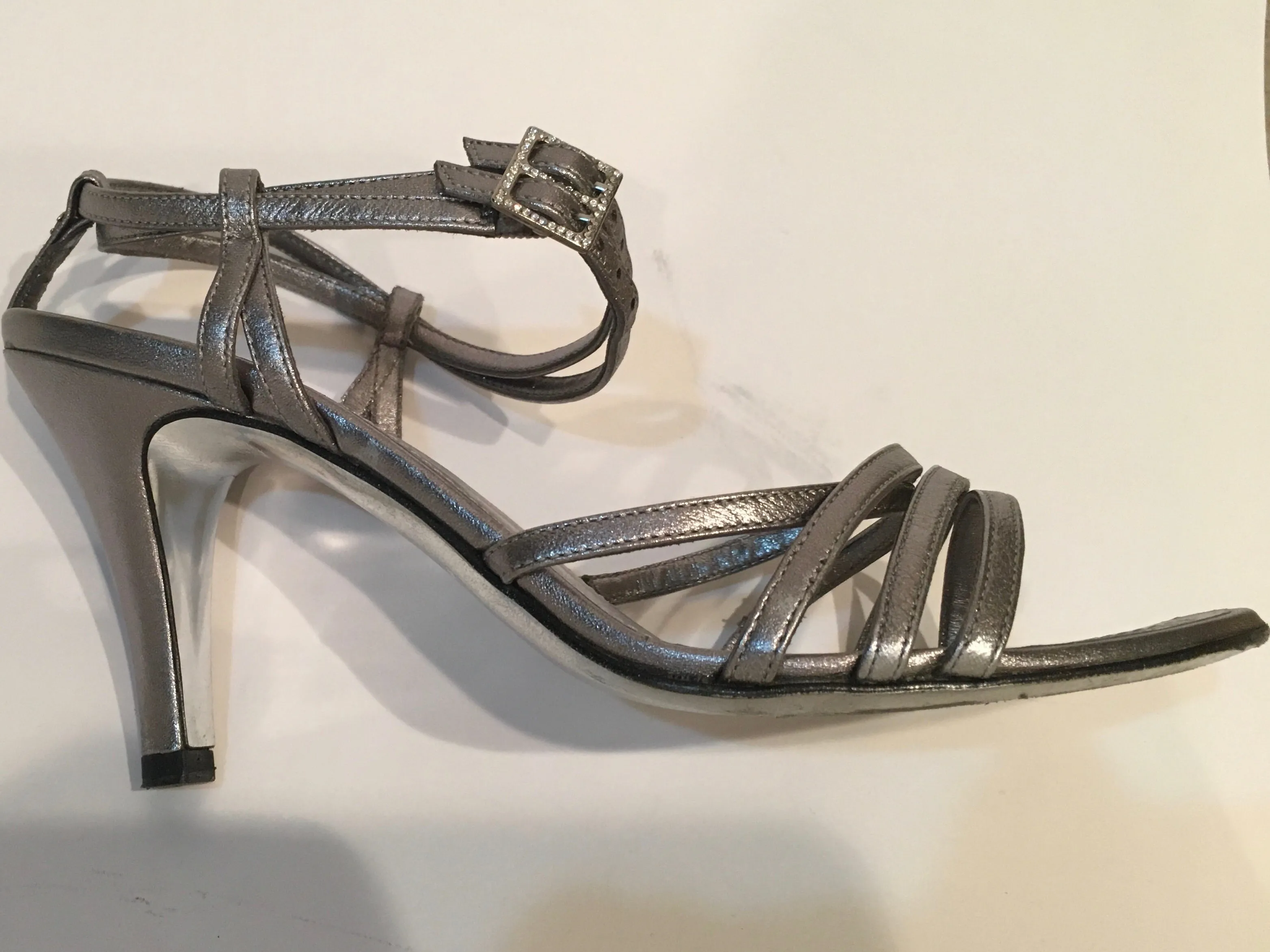 Chanel 05P 2005 Spring Metallic Silver Pewter Strap Sandal Leather Heel Pumps EU 36 US 5.5