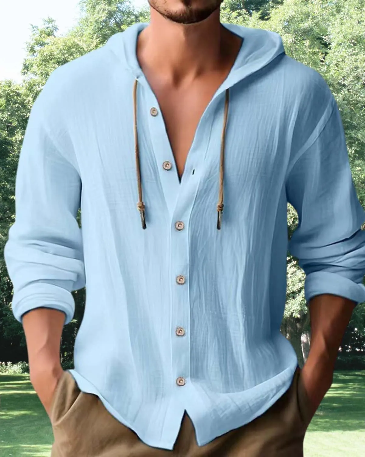 Cotton Linen Hoodie for Men Summer Casual Long Sleeve Button Down Hawaiian Beach Shirt Tops with Hood