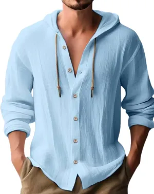 Cotton Linen Hoodie for Men Summer Casual Long Sleeve Button Down Hawaiian Beach Shirt Tops with Hood