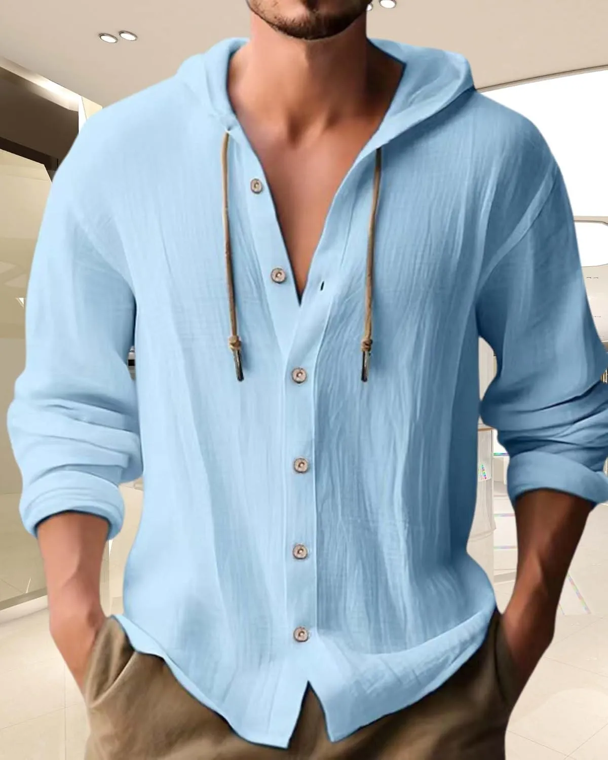 Cotton Linen Hoodie for Men Summer Casual Long Sleeve Button Down Hawaiian Beach Shirt Tops with Hood