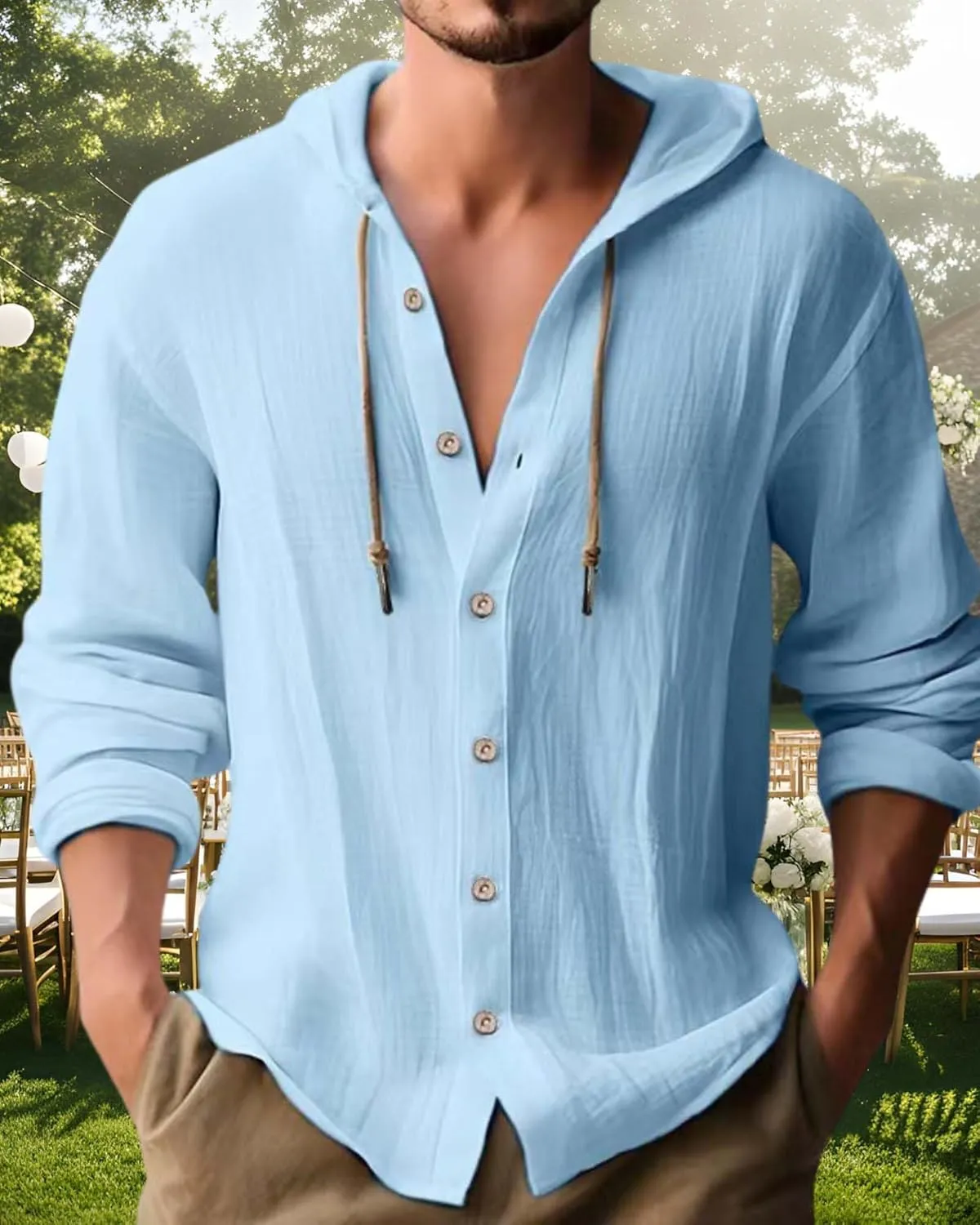 Cotton Linen Hoodie for Men Summer Casual Long Sleeve Button Down Hawaiian Beach Shirt Tops with Hood
