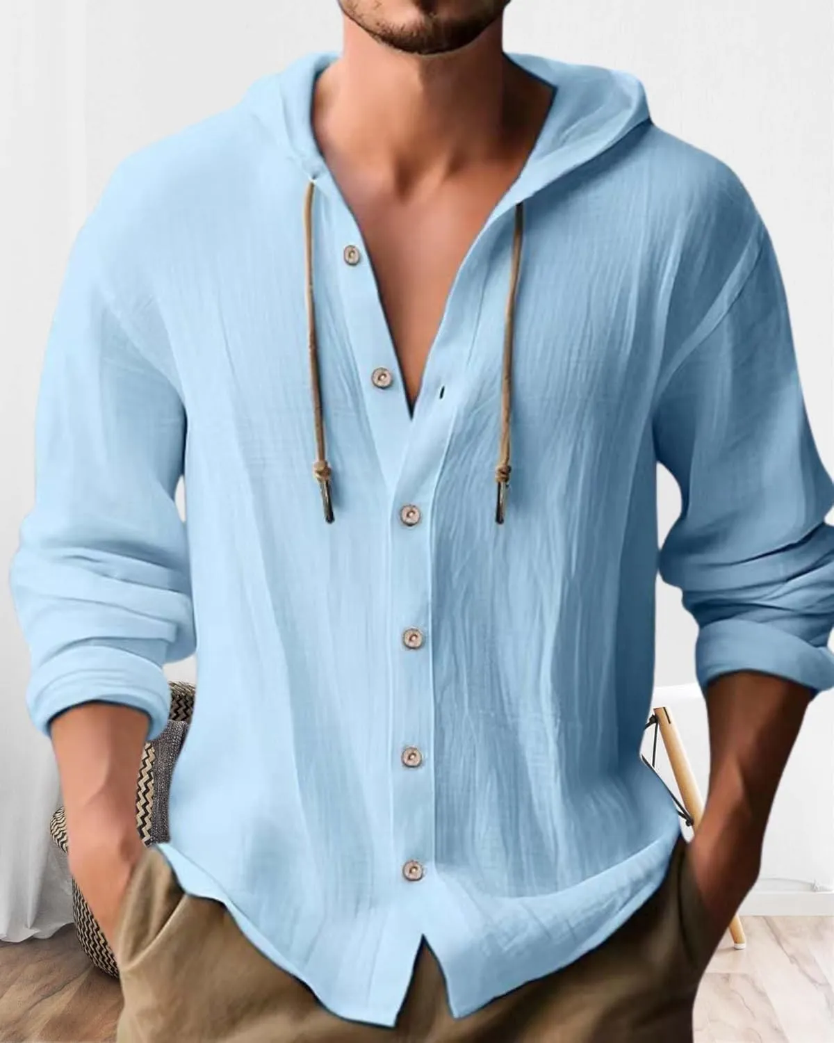 Cotton Linen Hoodie for Men Summer Casual Long Sleeve Button Down Hawaiian Beach Shirt Tops with Hood