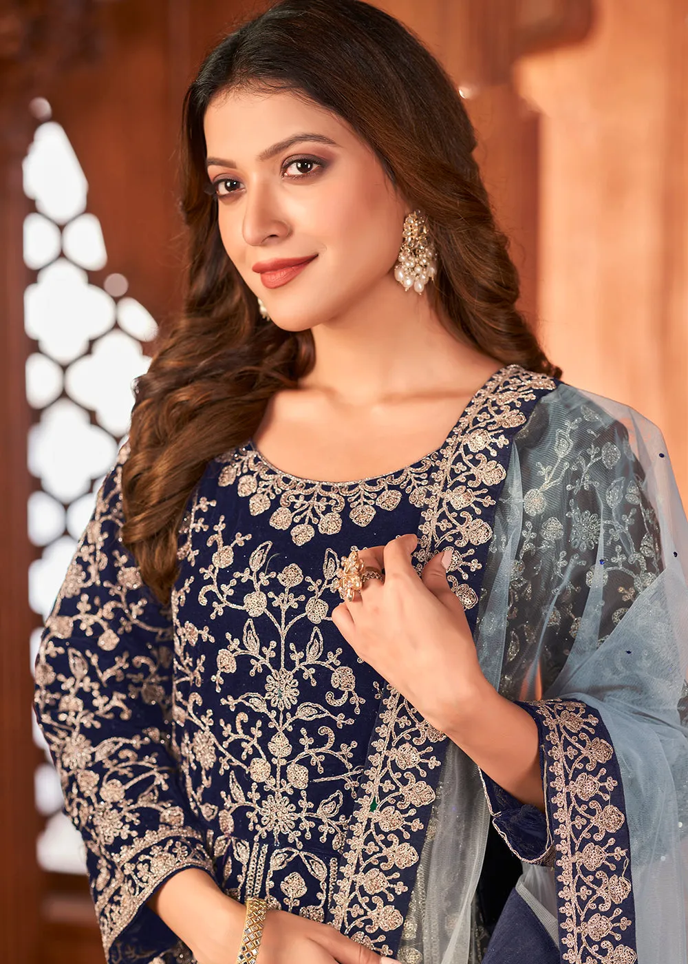 Excellent Blue Velvet Wedding Function Wear Anarkali Suit