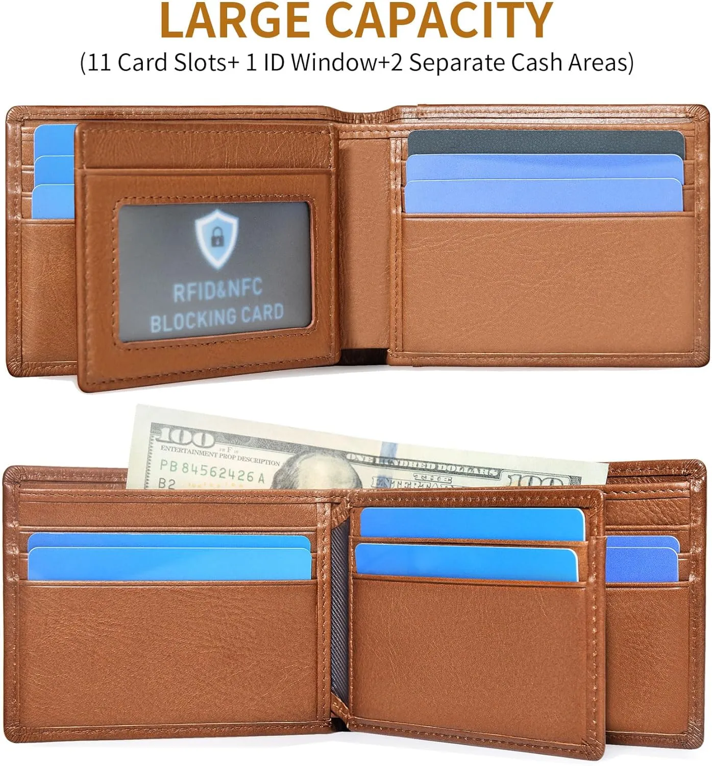 Genuine Leather Mens Wallet, RFID Blocking Bifold Wallet for Men with ID Window, 11 Credit Card Slots (Brown)