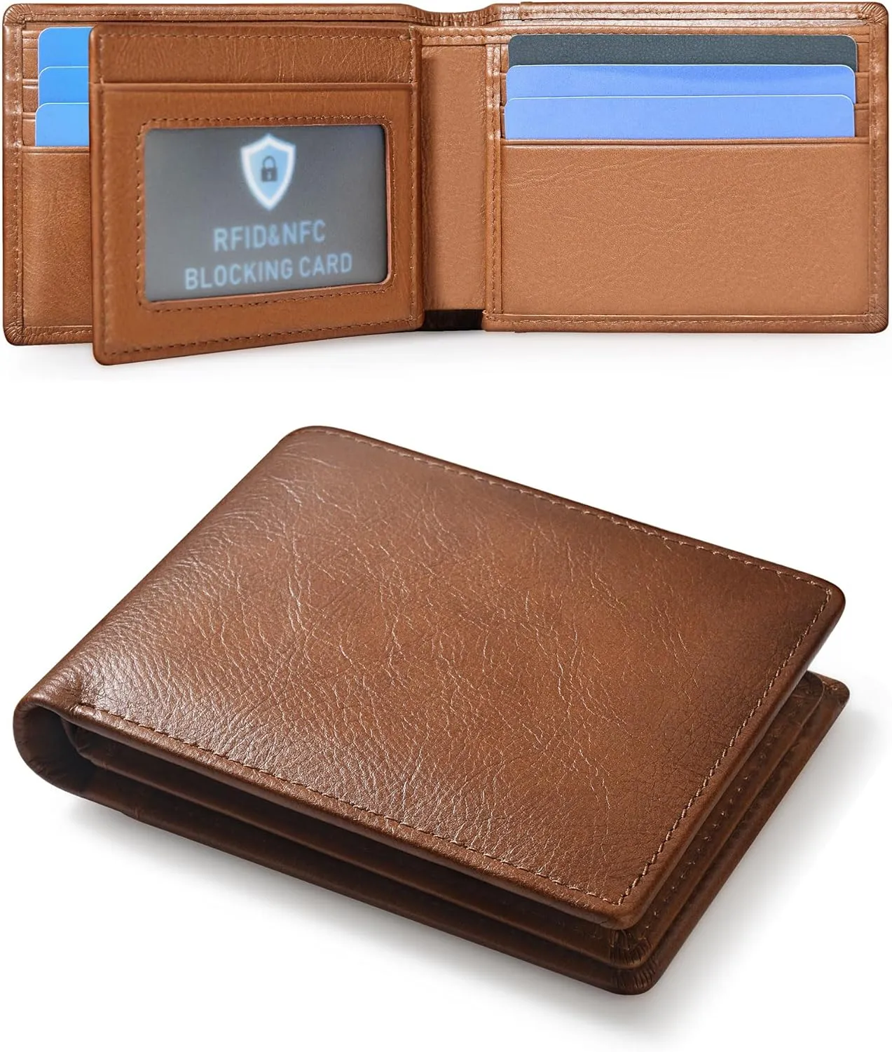 Genuine Leather Mens Wallet, RFID Blocking Bifold Wallet for Men with ID Window, 11 Credit Card Slots (Brown)