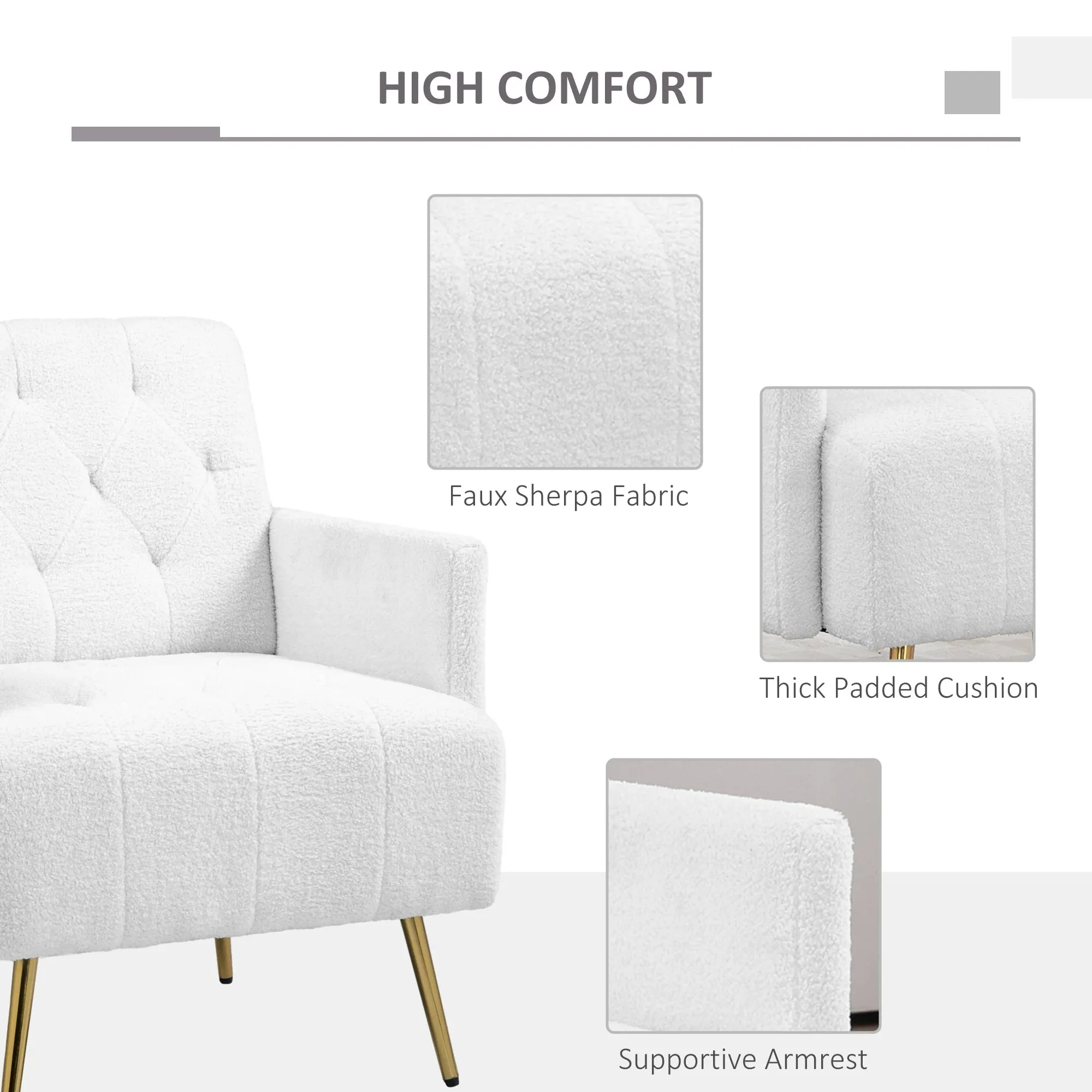 HOMCOM Modern Sherpa Accent Chair, Upholstered Tufted Armchair with Gold Steel Legs, Comfy Living Room Chairs, White
