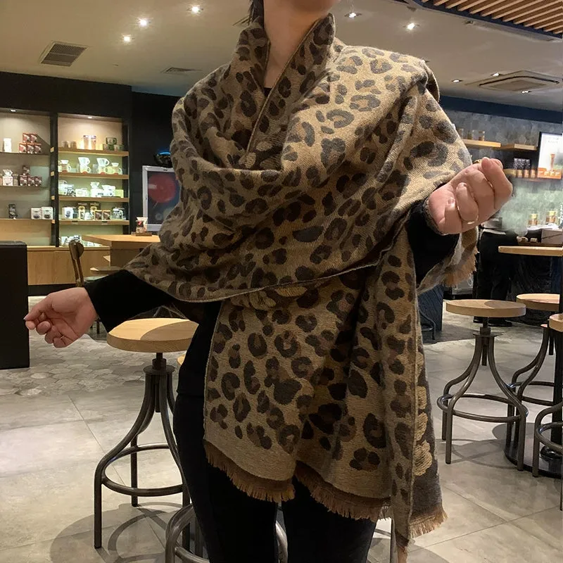 Korean all-match thickened brushed imitation cashmere leopard scarf autumn and winter long warm large shawl scarf dual-use women