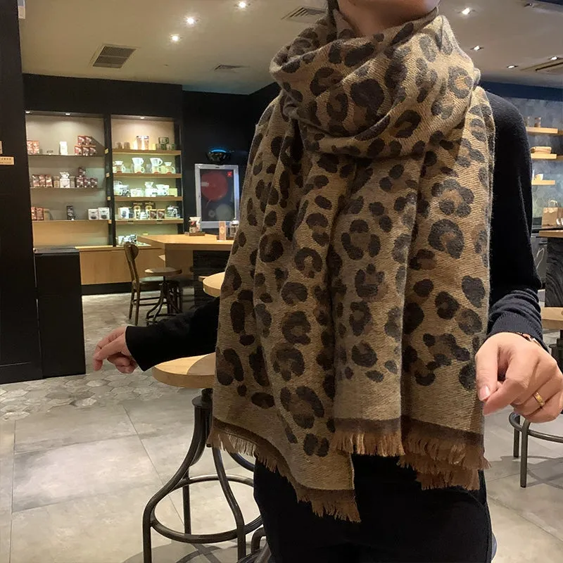 Korean all-match thickened brushed imitation cashmere leopard scarf autumn and winter long warm large shawl scarf dual-use women