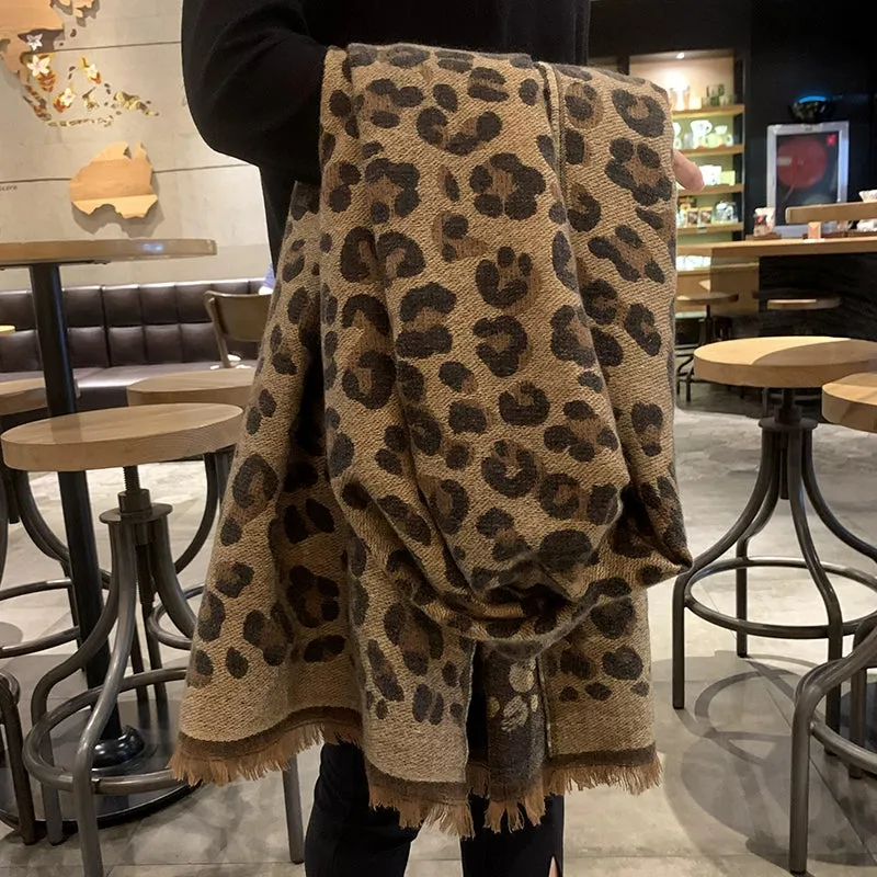 Korean all-match thickened brushed imitation cashmere leopard scarf autumn and winter long warm large shawl scarf dual-use women