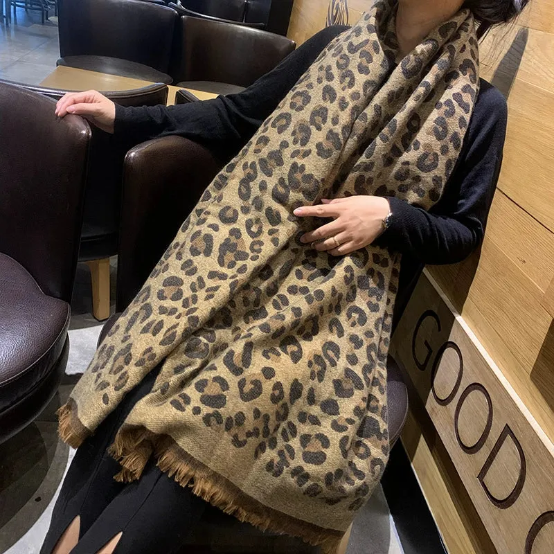Korean all-match thickened brushed imitation cashmere leopard scarf autumn and winter long warm large shawl scarf dual-use women