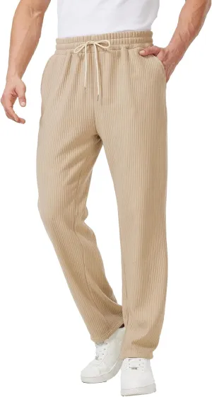 Men's Casual Pants Lightweight Stretch Loose Fit Ribbed Jacquard Knit Textured Drawstring Pants with Pockets