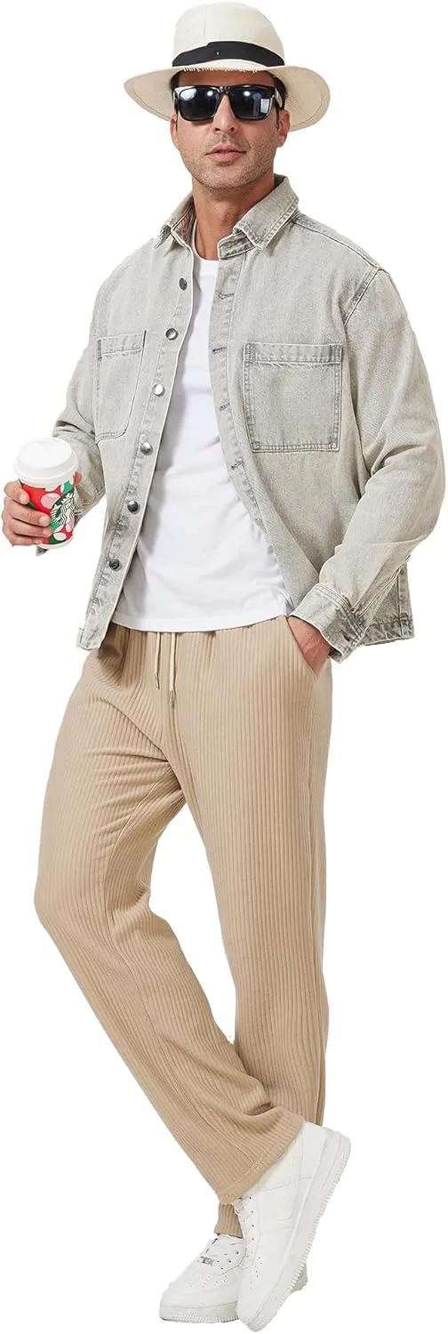 Men's Casual Pants Lightweight Stretch Loose Fit Ribbed Jacquard Knit Textured Drawstring Pants with Pockets