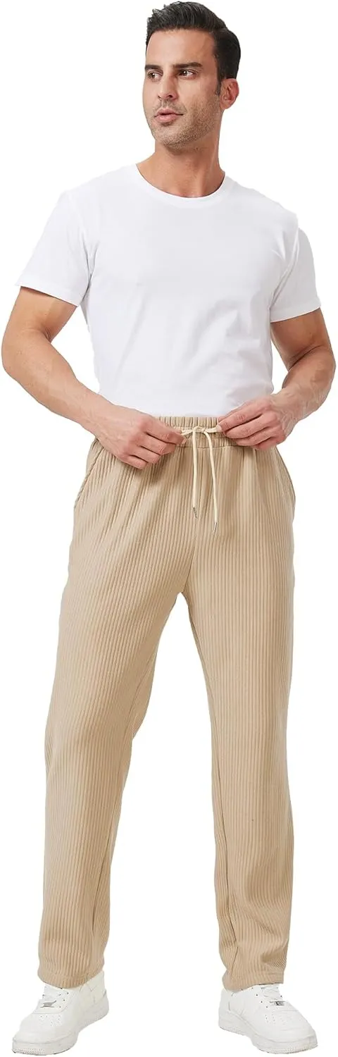 Men's Casual Pants Lightweight Stretch Loose Fit Ribbed Jacquard Knit Textured Drawstring Pants with Pockets
