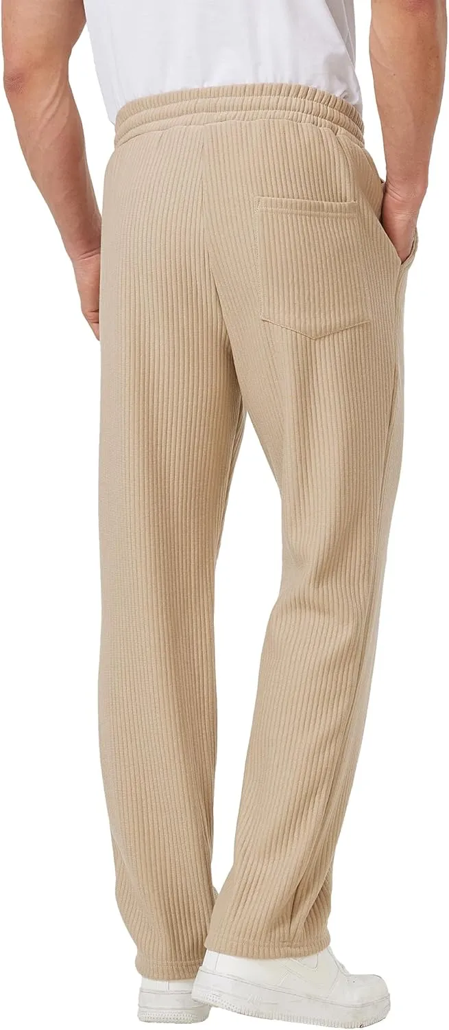 Men's Casual Pants Lightweight Stretch Loose Fit Ribbed Jacquard Knit Textured Drawstring Pants with Pockets
