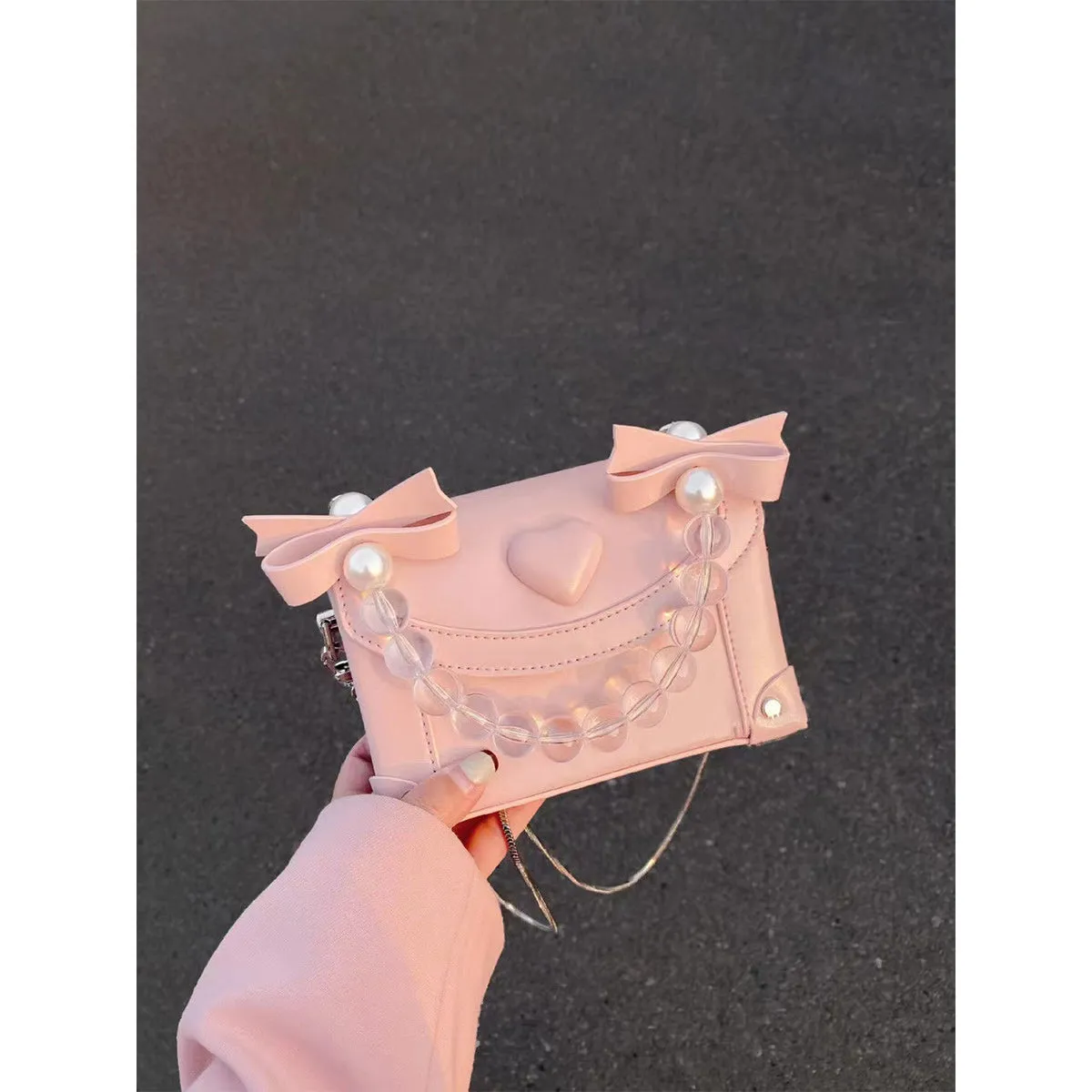 Minority Sweet Summer Versatile Pink Heart Crystal Box Bag Pearl Chain Portable Messenger Bag