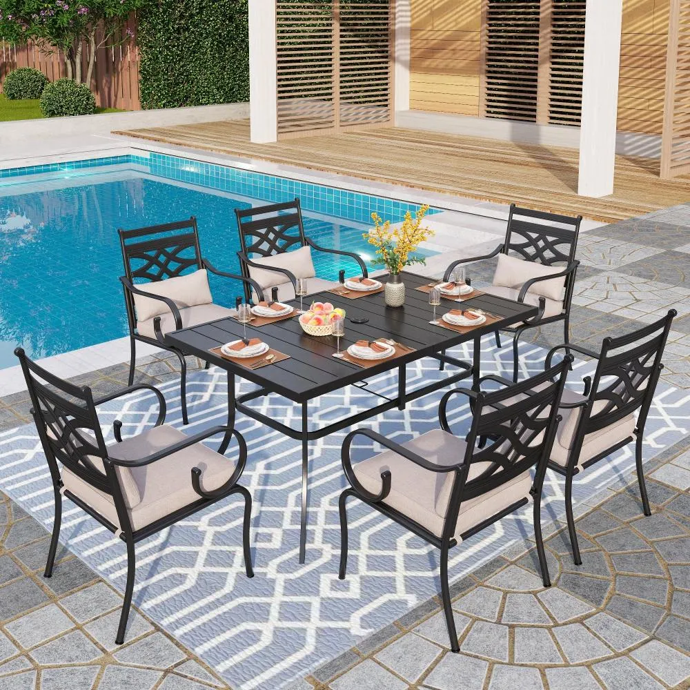 Phi Villa 7-Piece Patio Dining Set of Stylish Steel Chairs and Steel Rectangle Table