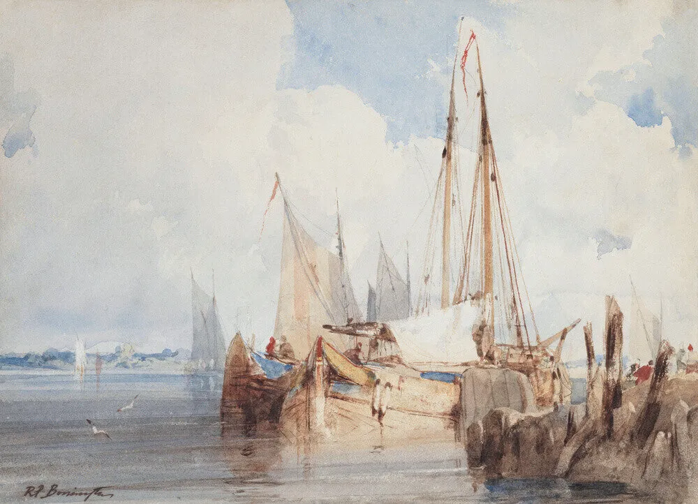 Richard Parkes Bonington, Fishing Boats Moored in an Estuary