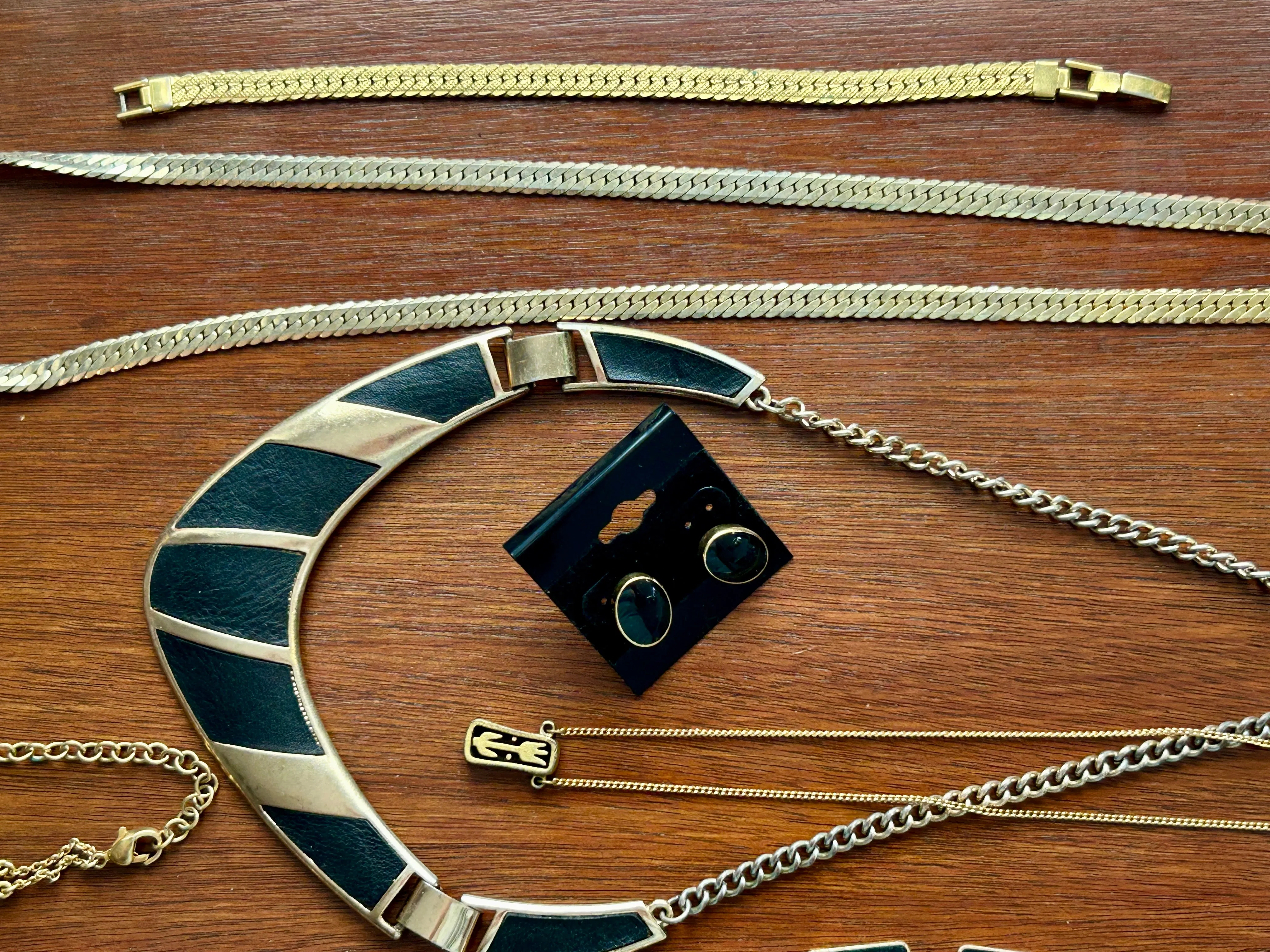 Vintage to Now Black Gold Tone Jewelry Lot Some Signed Flat Chains Bangles More