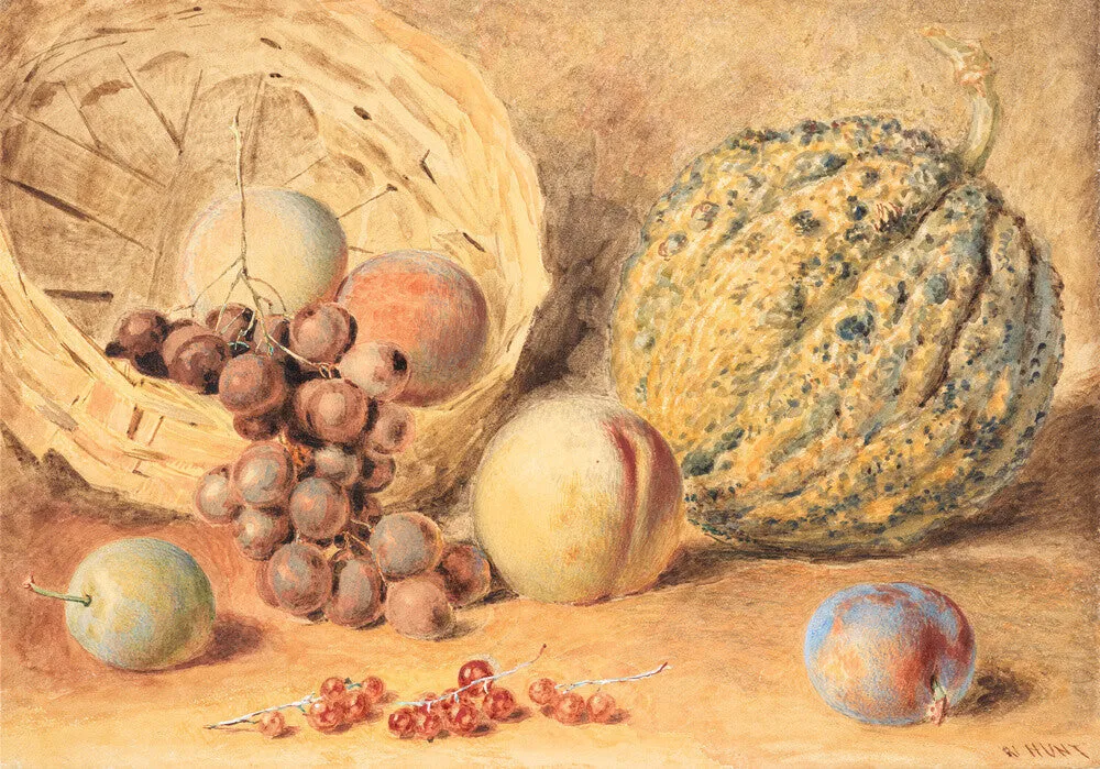 William Henry Hunt, Basket with melon, peaches, grapes and plums
