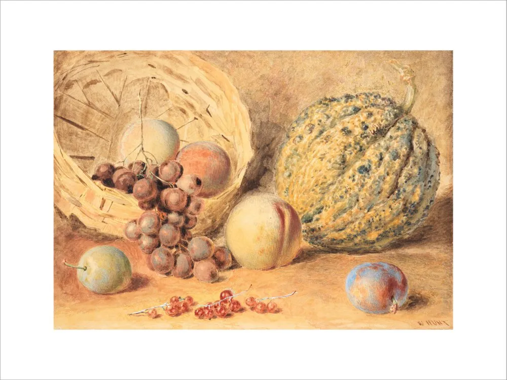 William Henry Hunt, Basket with melon, peaches, grapes and plums