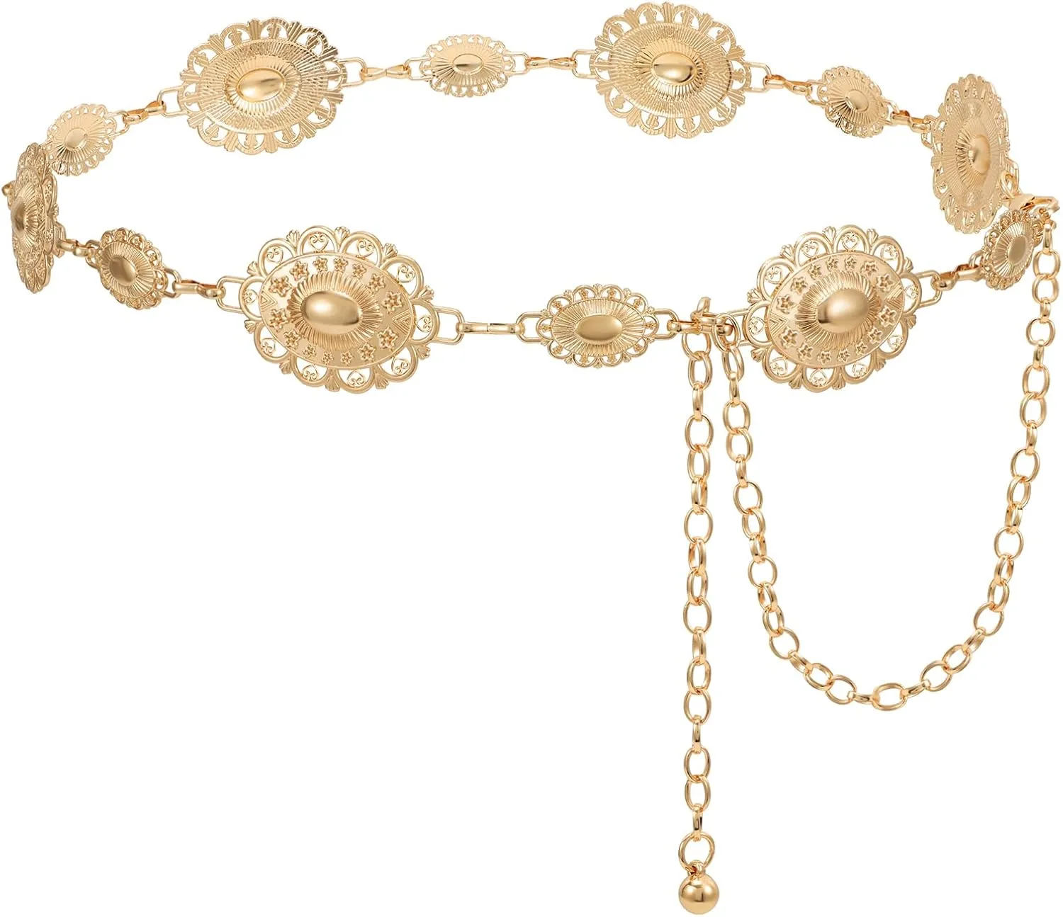 Women Western Metal Chain Belt Concho Belt Cowgirl Waist Link for Jeans Dresses Concert Boho